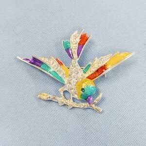 Enamel Bird Brooch Crystal Pin Silver Alloy